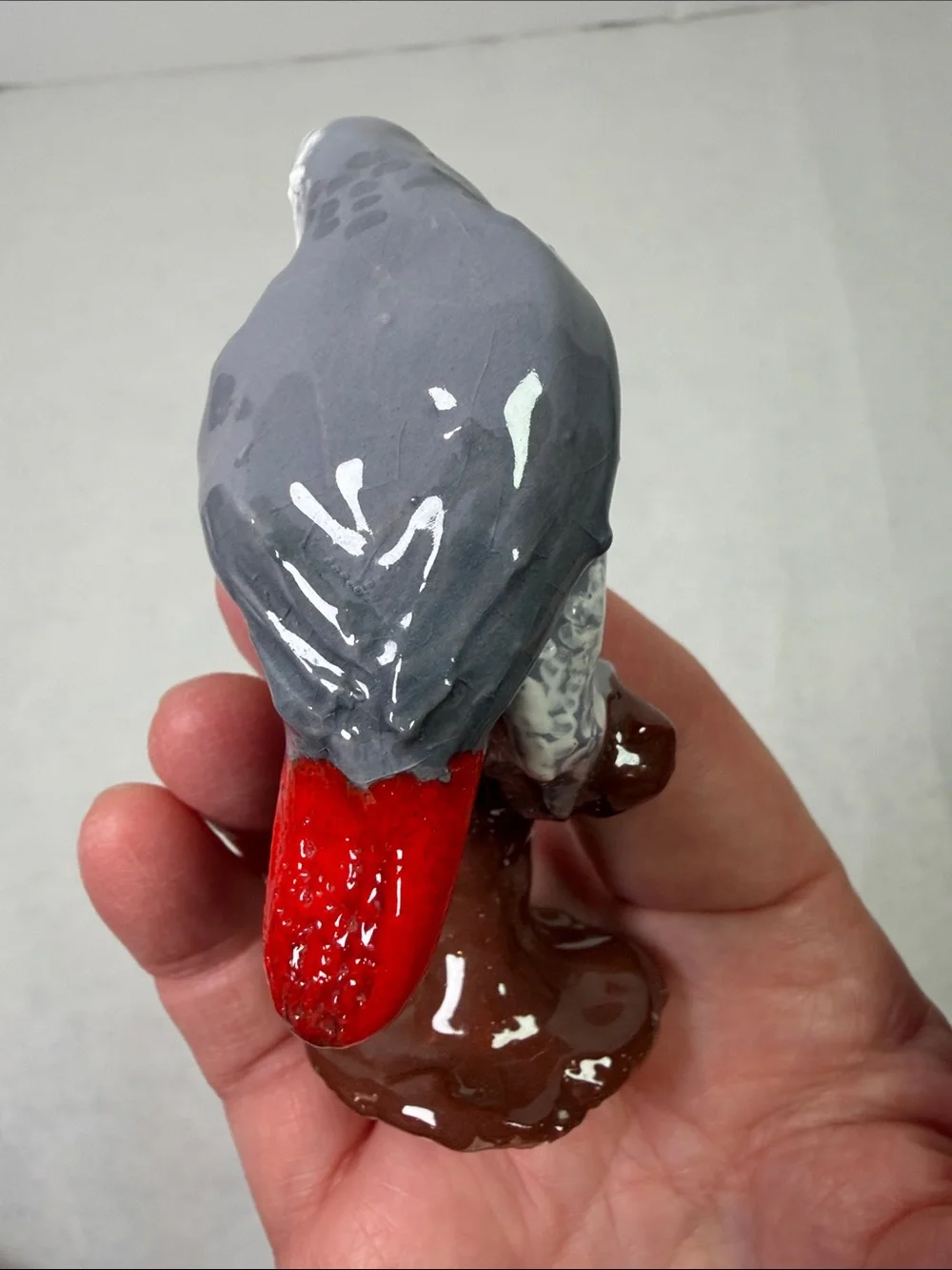 Artisan African Grey Parrot on Perch Signed Pottery Handmade Hand Painted 3.5”